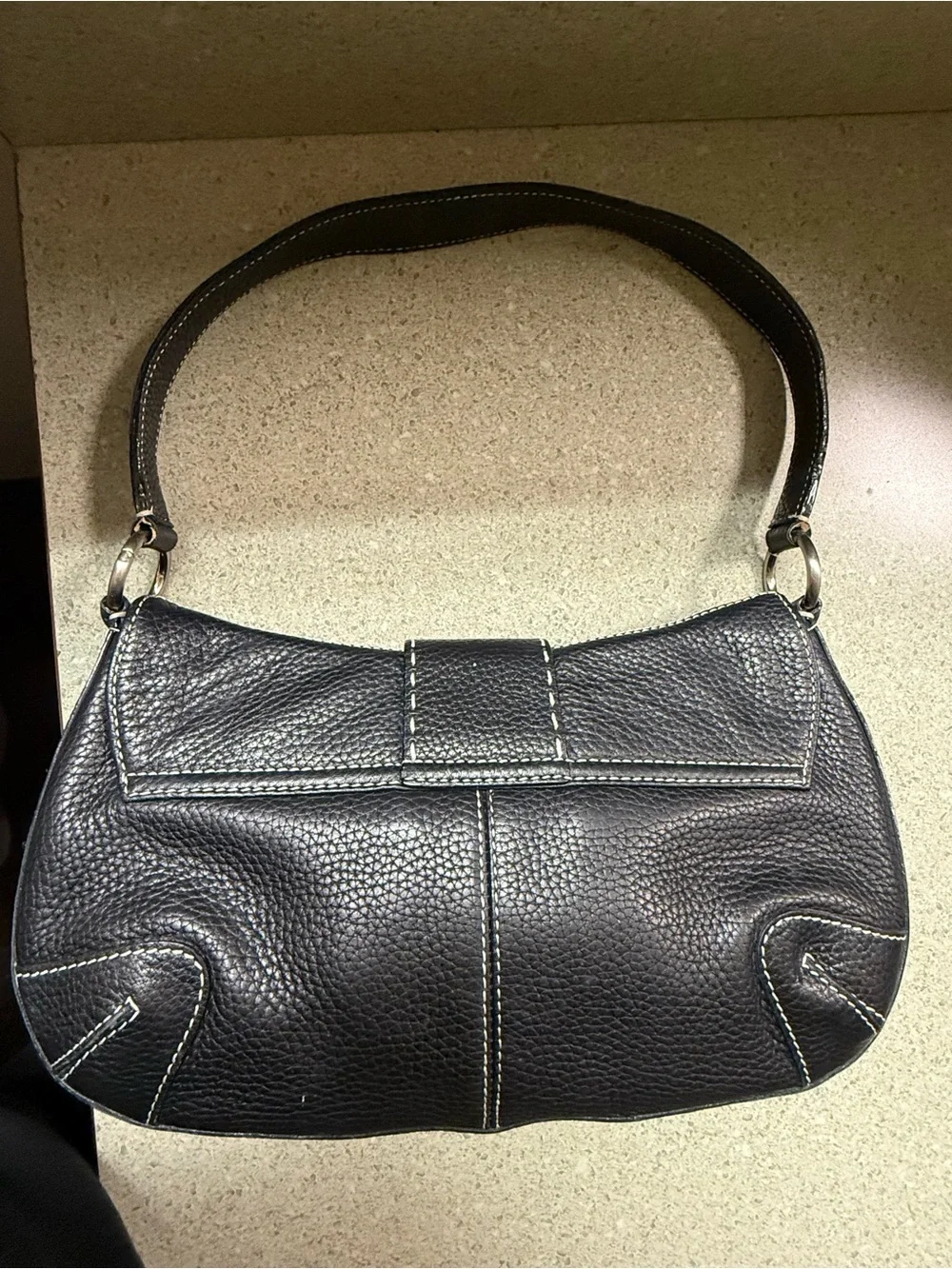 Kate Landry Pebbled Black Leather Shoulder Bag with Contrast Stitching